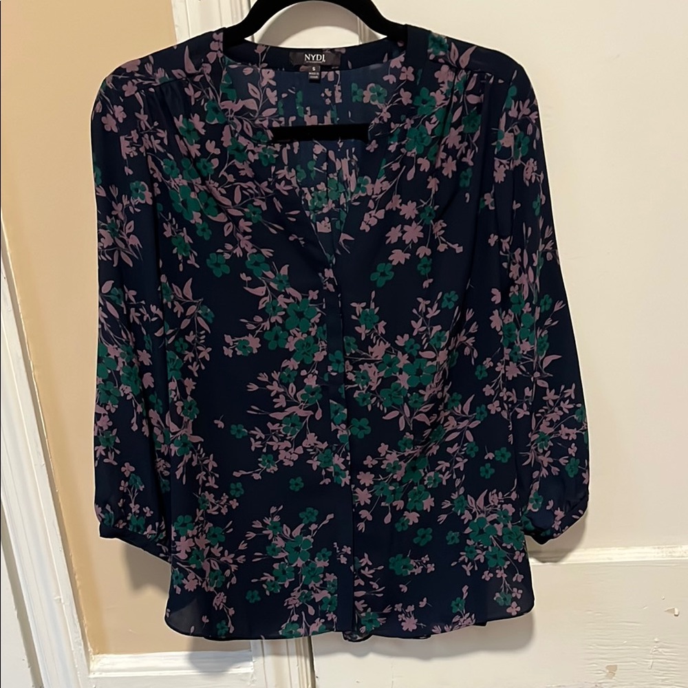 NYDJ Pink and Green Peplum Blouse with Notched Collar (runs big)